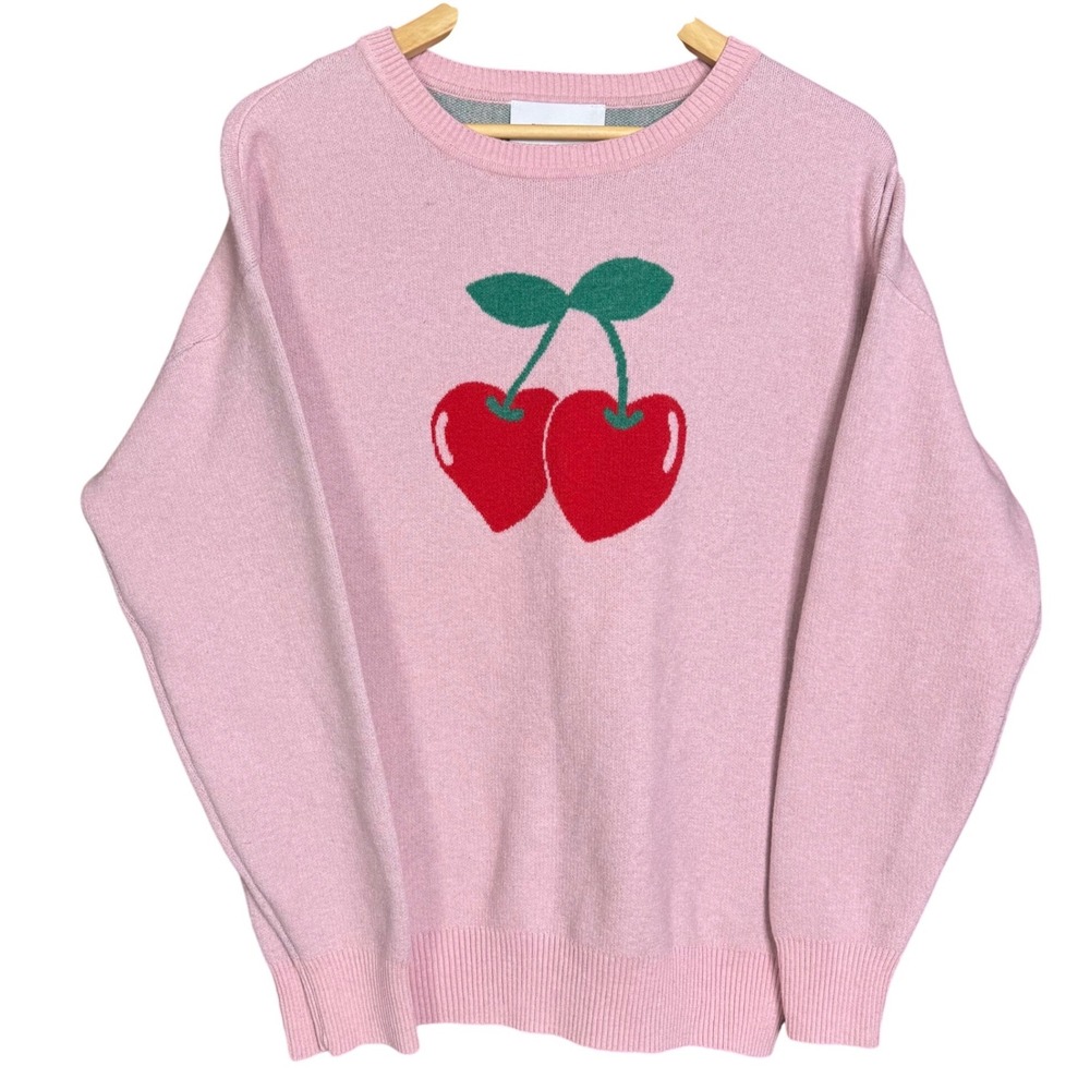 Womens Pink Pullover Sweater‎ M Cherries Crew Neck Ribbed Trim Long Sleeve EUC